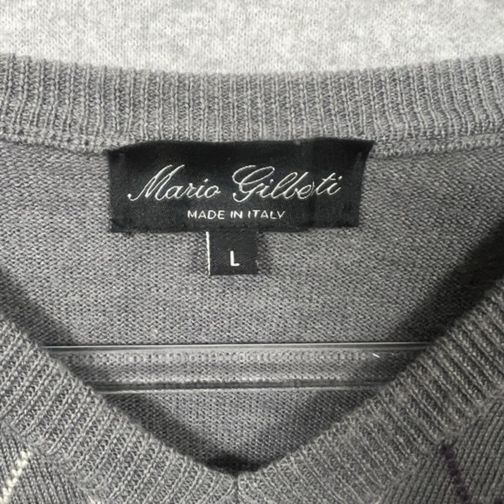 Mario Gilberti Argyle Sweater‎ Mens L Grey Navy Merino Wool V-Neck Made in Italy - Picture 7 of 12